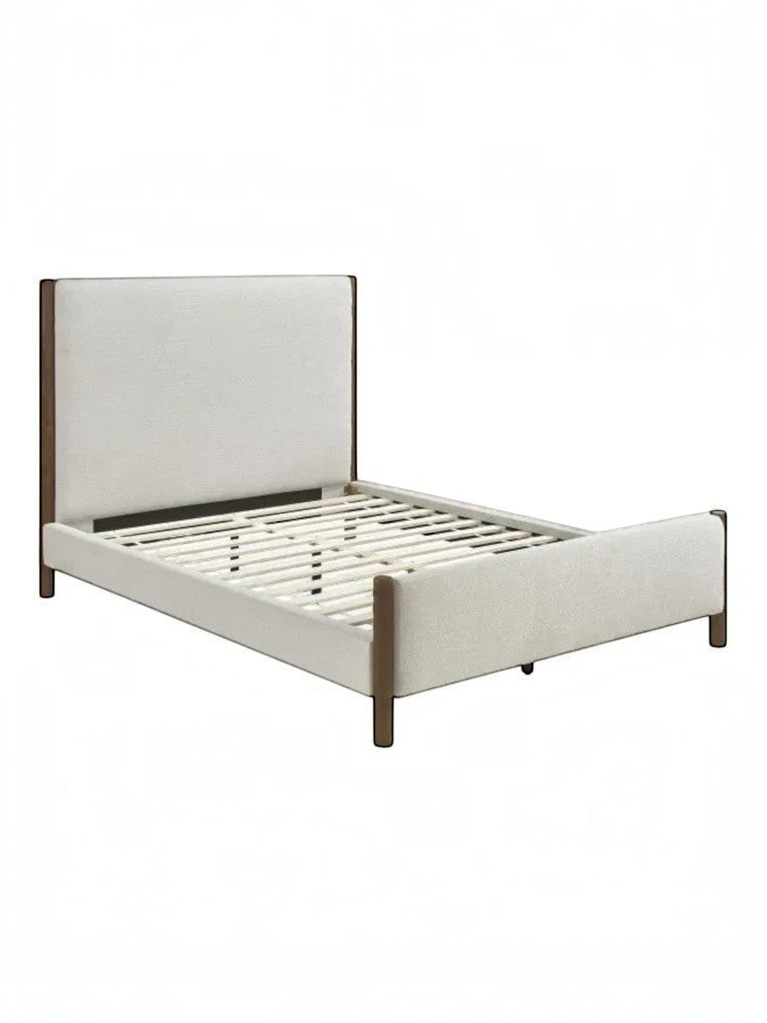 Très grand lit Zavian par TOCO Meubles en tissu chenille beige avec montants en bois chêne et sommier à lattes
