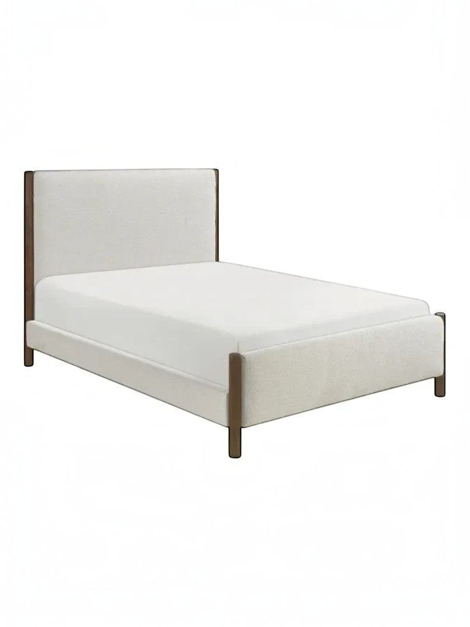 Très grand lit Zavian TOCO Meubles en tissu chenille beige avec montants en bois chêne au design plateforme moderne