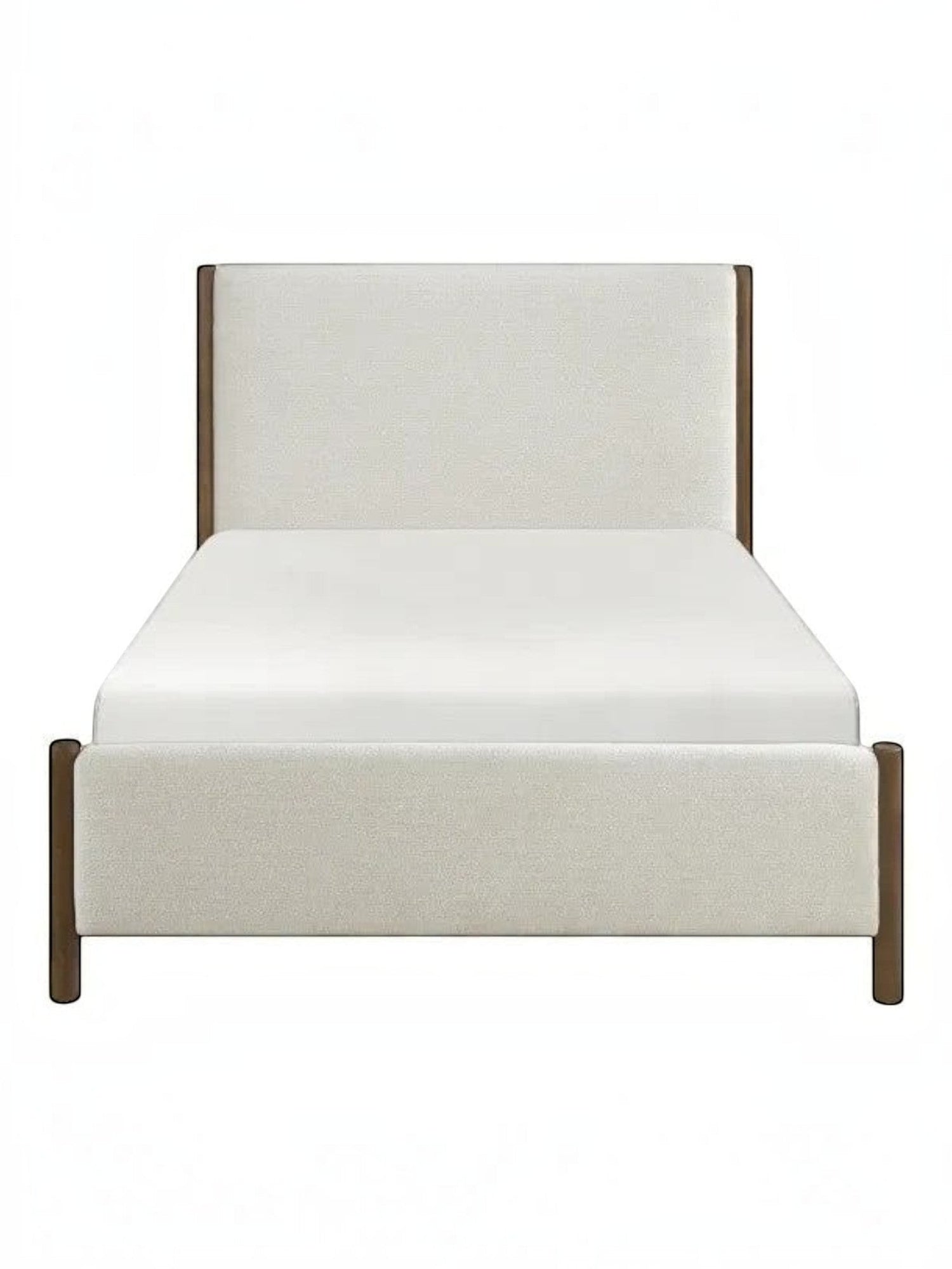 Très grand lit TOCO Meubles Zavian en tissu chenille beige avec montants en bois fini chêne, style moderne