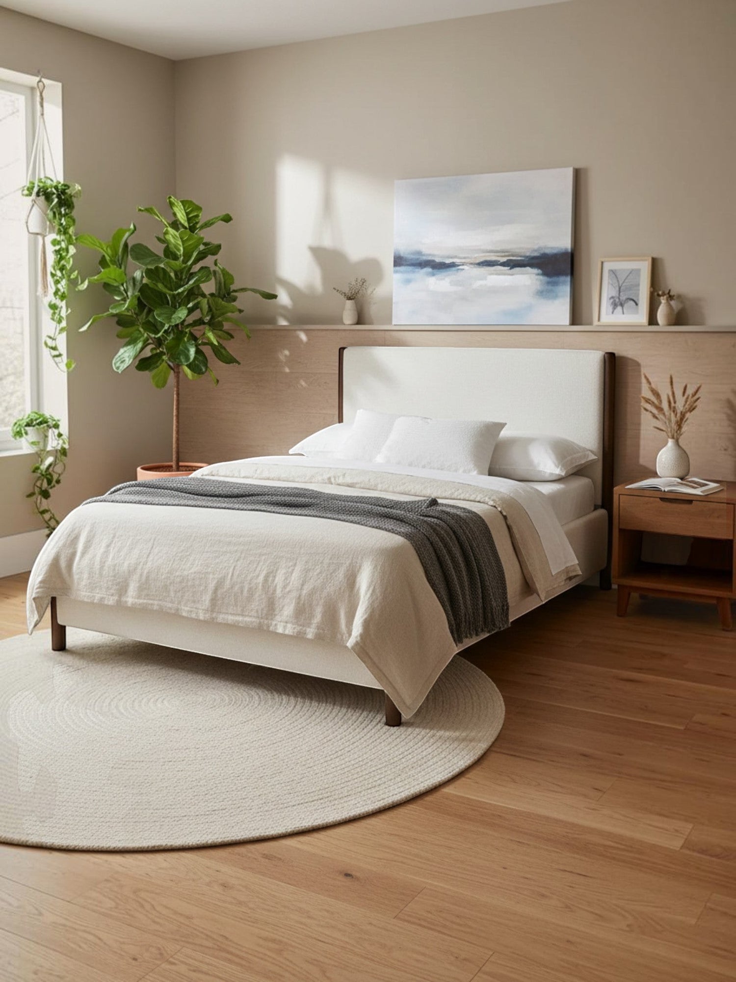 Très grand lit Zavian par TOCO Meubles en tissu chenille beige avec montants en bois chêne dans une chambre moderne.