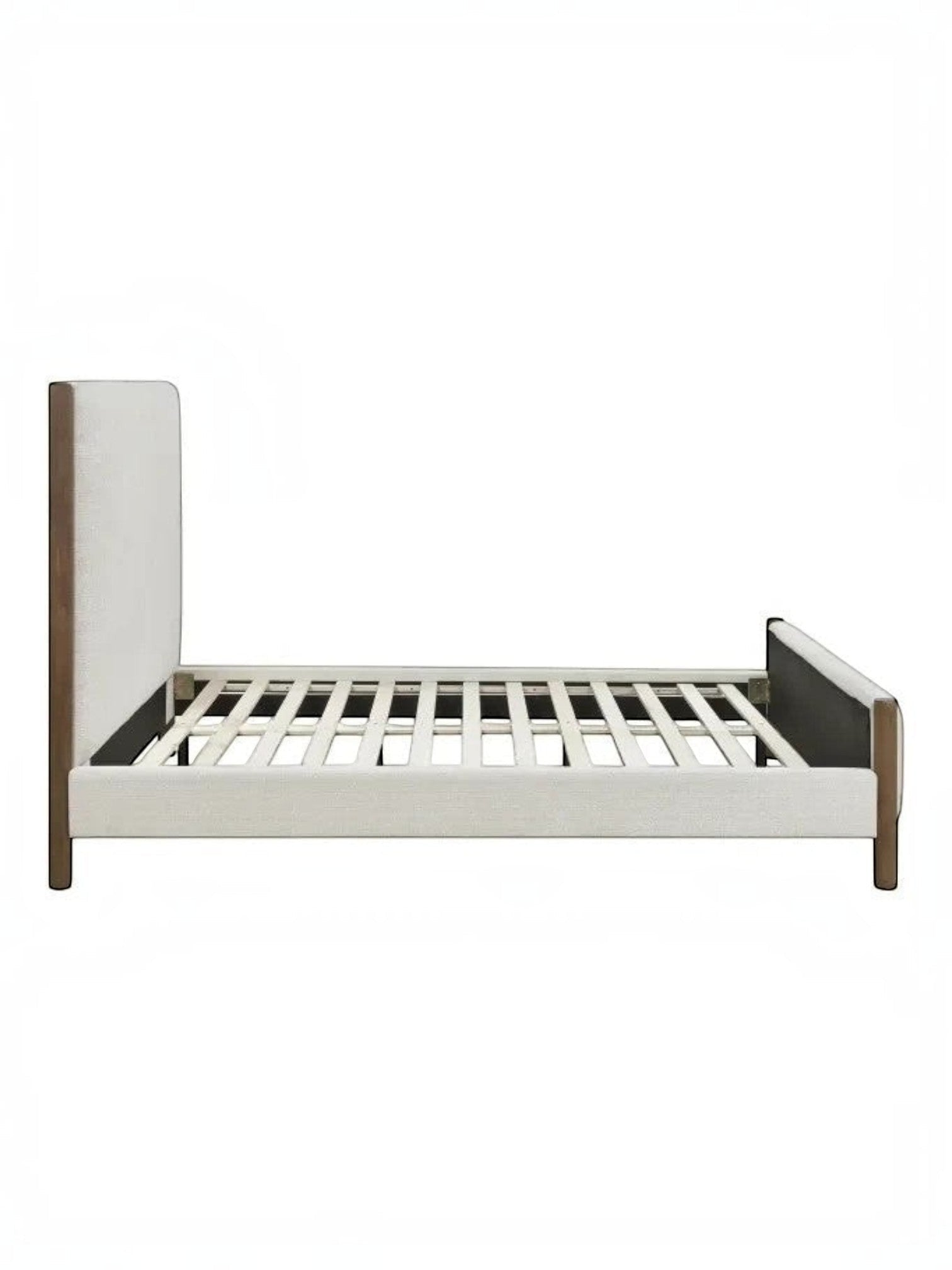 Très grand lit TOCO Meubles Zavian en tissu chenille beige avec structure plateforme et montants en bois chêne