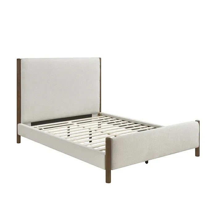 Grand Lit Zavian TOCO Meubles en tissu chenille beige avec montants en bois fini chêne, design moderne plateforme