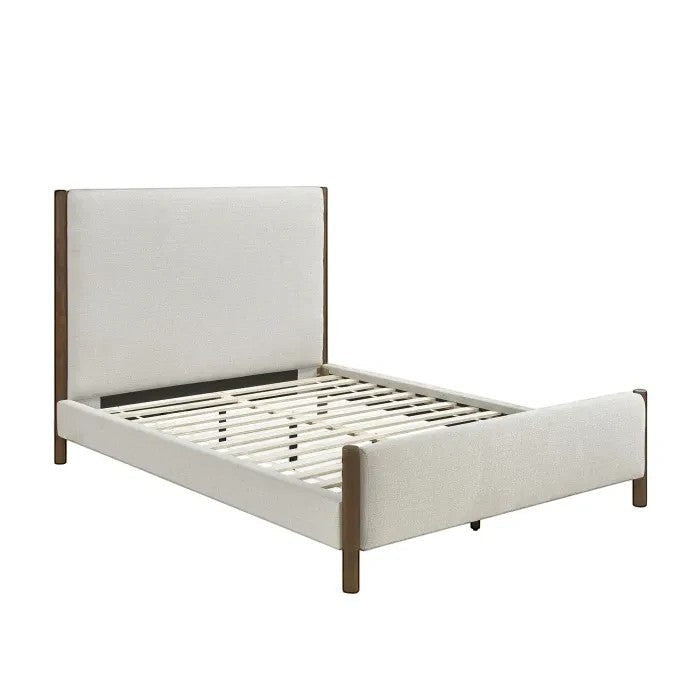 Lit plateforme Zavian TOCO Meubles en tissu chenille beige avec montants en bois chêne, design moderne.