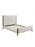 Grand Lit Zavian TOCO Meubles en tissu chenille beige avec montants en bois fini chêne, design moderne plateforme