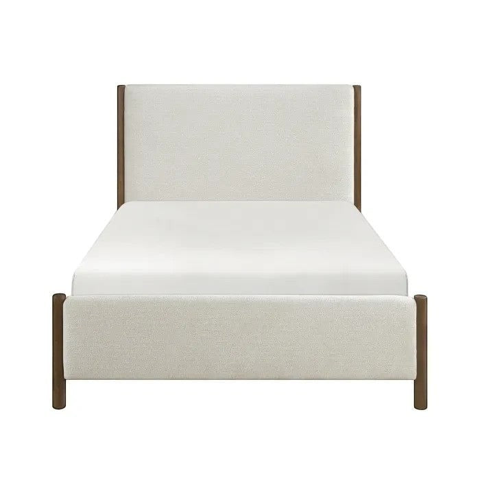 Lit plateforme Zavian TOCO Meubles en tissu chenille beige avec montants en bois chêne. Design moderne.