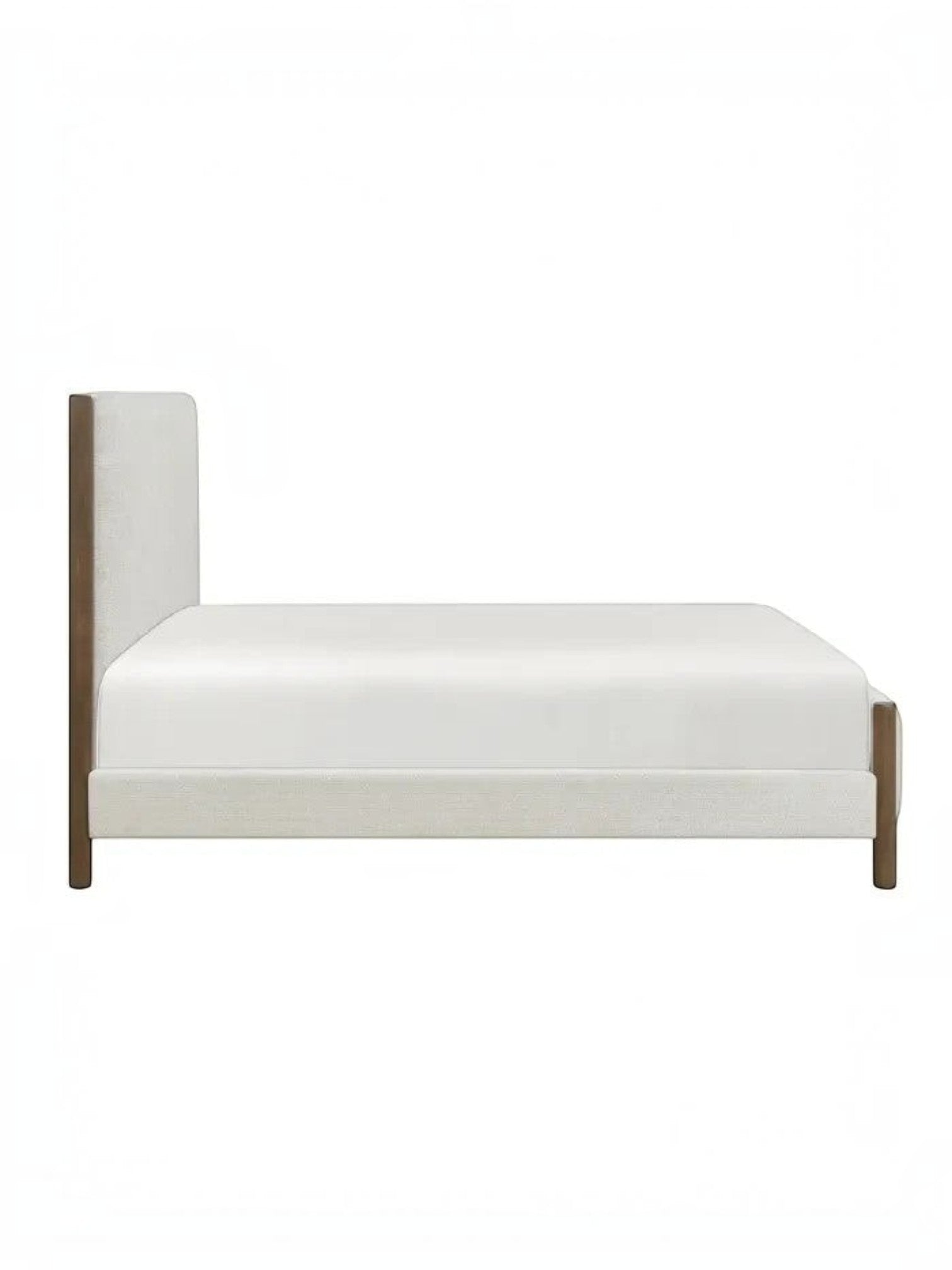 Lit plateforme Zavian TOCO Meubles en tissu chenille beige avec montants en bois fini chêne. Design moderne.