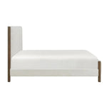 Lit plateforme Zavian TOCO Meubles en tissu chenille beige avec montants en bois de chêne, design moderne.