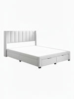 Grand lit TOCO Meubles Zoey beige avec tête de lit capitonnée verticale et tiroirs de rangement intégrés