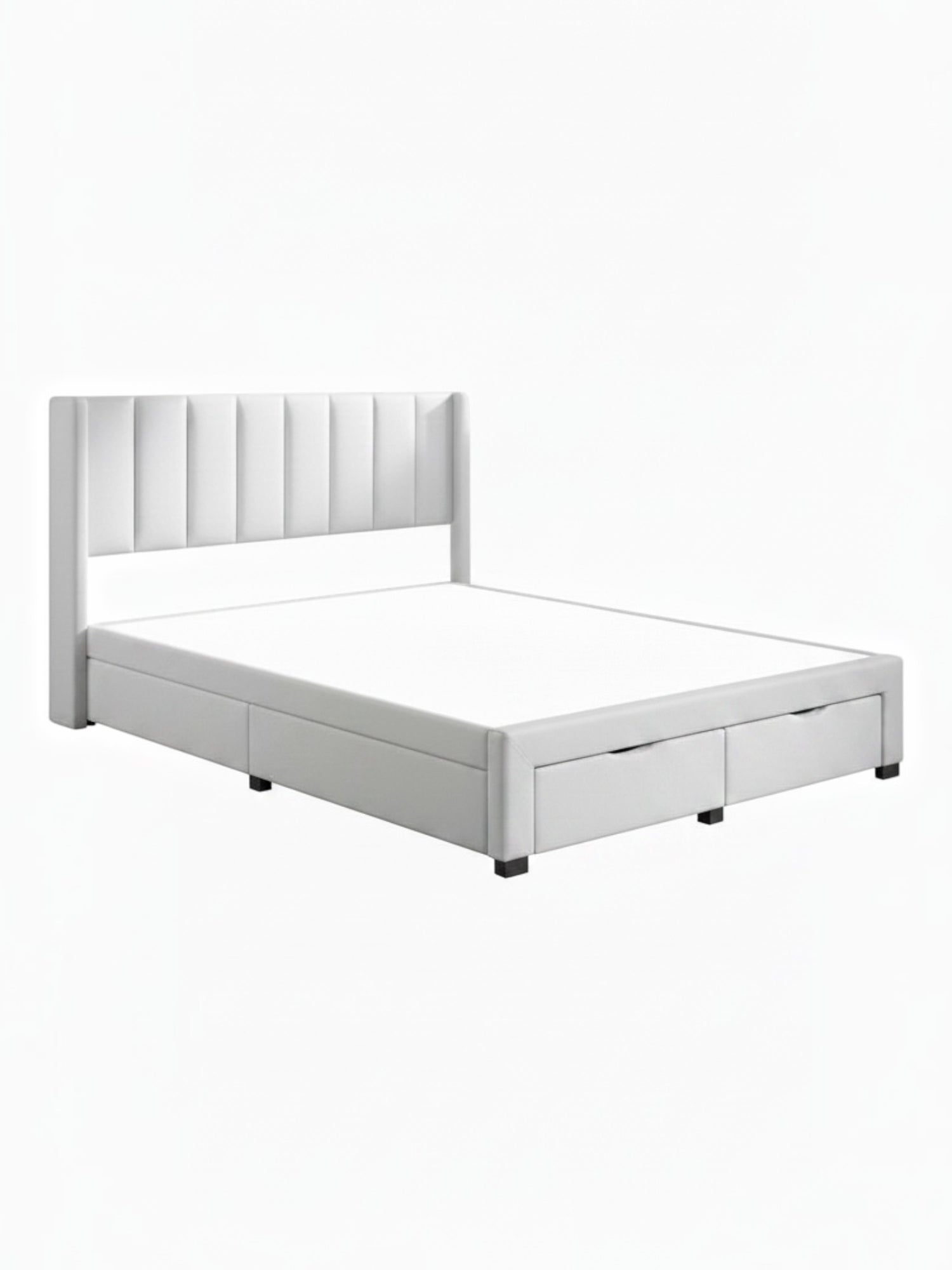 Grand lit TOCO Meubles Zoey beige avec tête de lit capitonnée verticale et tiroirs de rangement intégrés