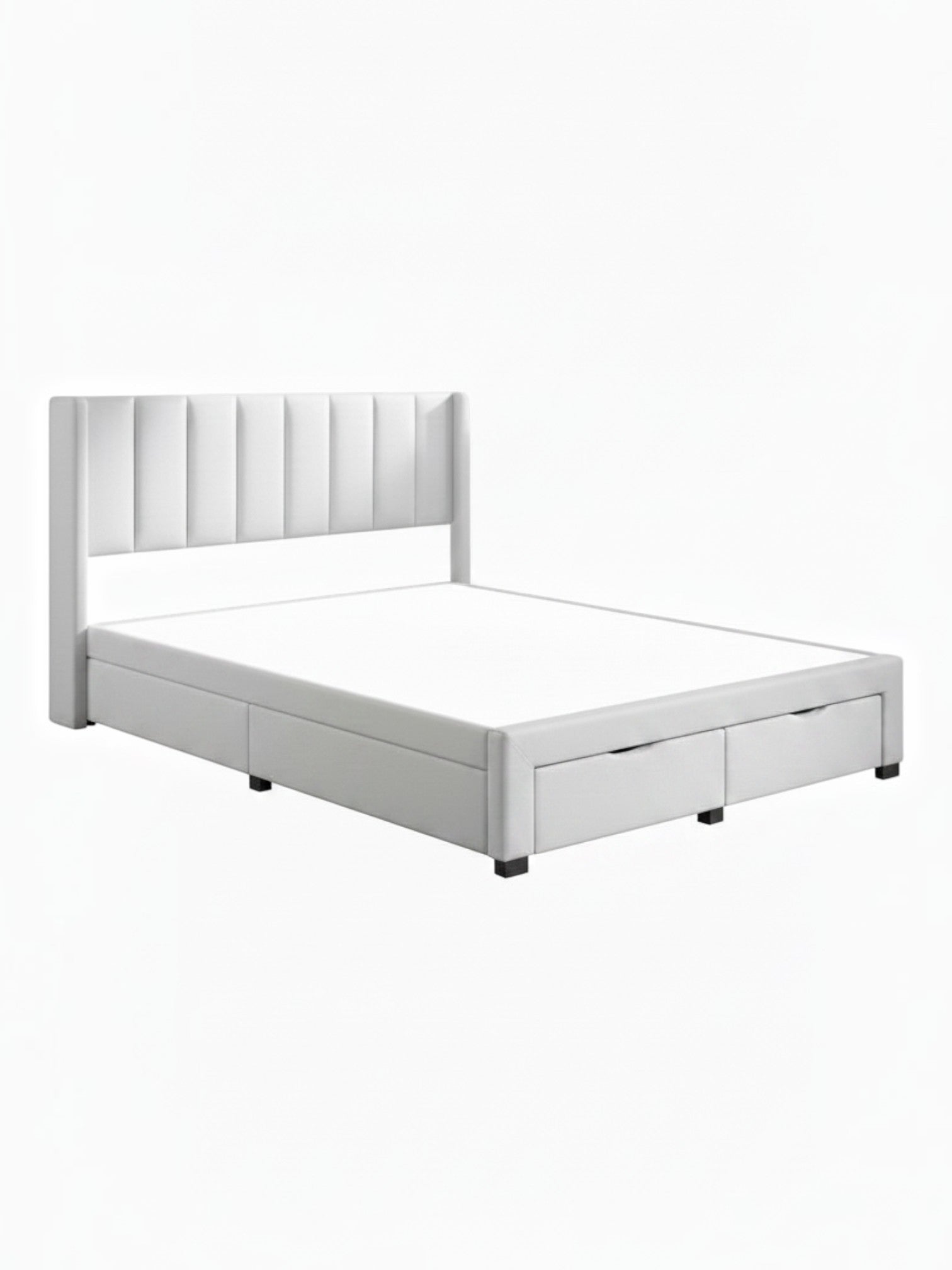 Grand lit TOCO Meubles Zoey beige avec tête de lit capitonnée verticale et tiroirs de rangement intégrés