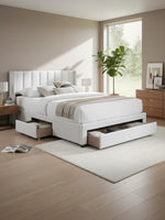 Grand lit Zoey TOCO Meubles beige avec tête de lit capitonnée verticale et tiroirs de rangement intégrés