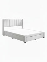 Grand lit TOCO Meubles Zoey beige avec tête de lit capitonnée verticale et tiroirs de rangement intégrés