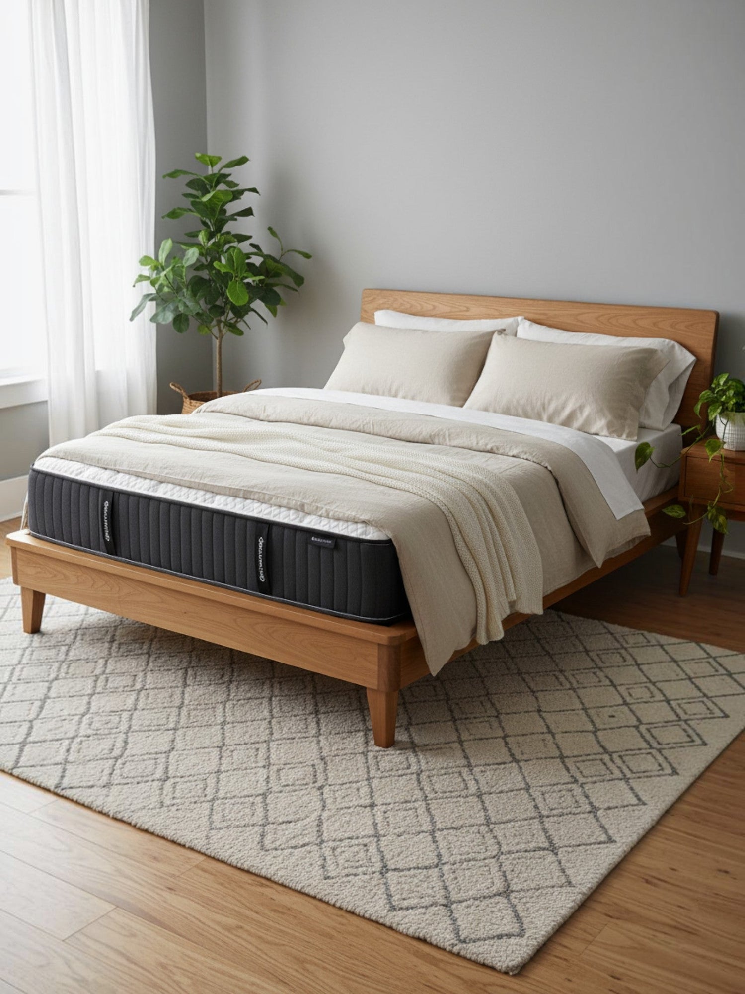 Matelas Ariya Hybrid Grand de TOCO Meubles avec ressorts ensachés et gel rafraîchissant sur un lit en bois moderne.