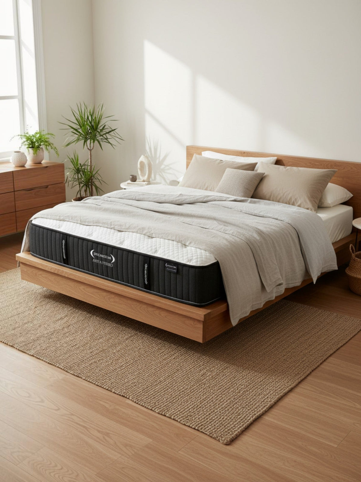 Matelas Ariya Hybrid TOCO Meubles sur un lit en bois dans une chambre lumineuse au style minimaliste et naturel.