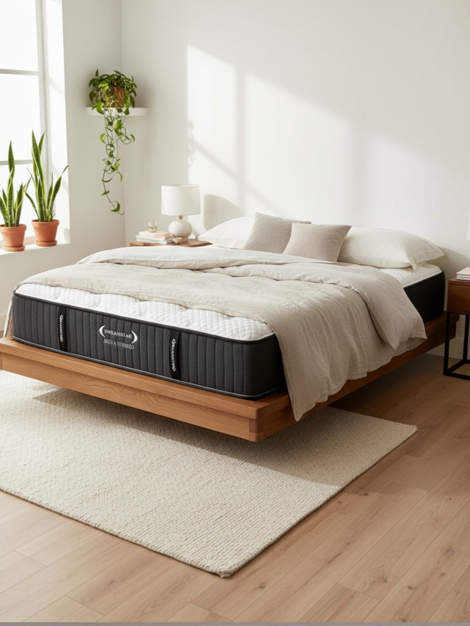 Matelas Ariya Hybrid TOCO Meubles avec ressorts ensachés et gel rafraîchissant sur un lit en bois dans une chambre