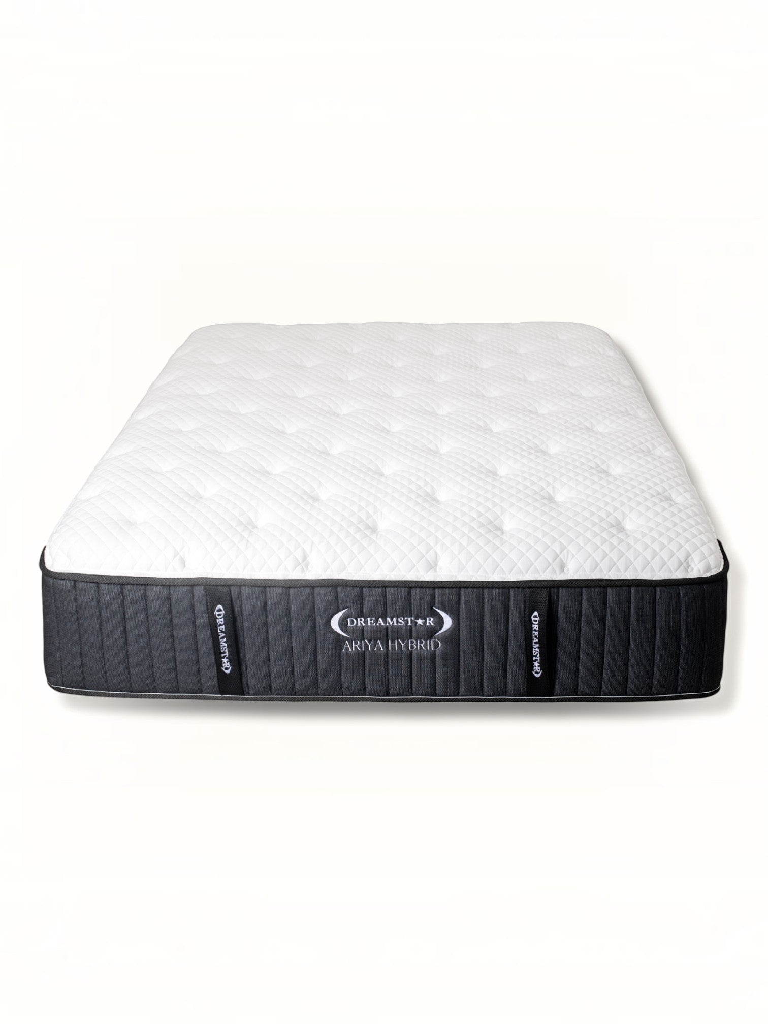 Matelas Ariya Hybrid TOCO Meubles avec surface matelassée blanche et contours noirs, technologie hybride confortable.