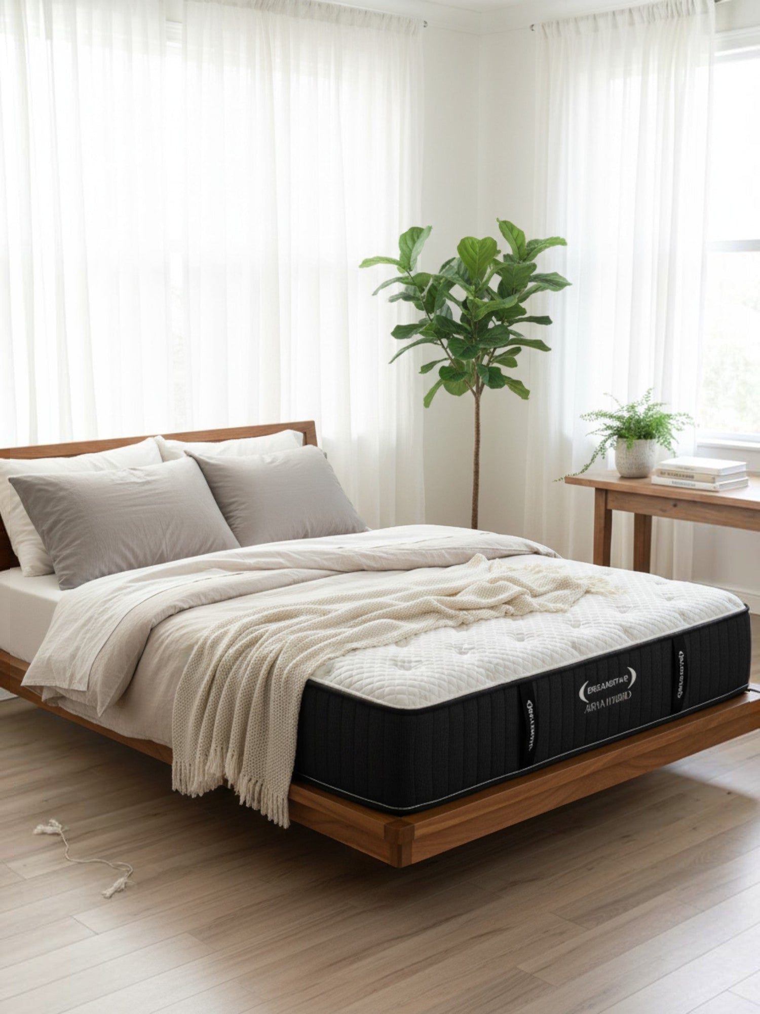 Matelas Ariya Hybrid TOCO Meubles avec ressorts ensachés et gel rafraîchissant sur un cadre de lit en bois moderne