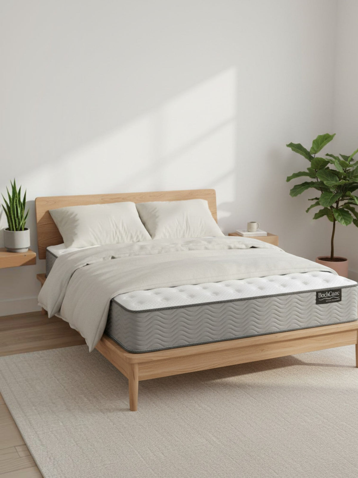 Matelas ferme BackCare Duo de TOCO Meubles avec ressorts ensachés et mousse rafraîchissante sur un lit en bois