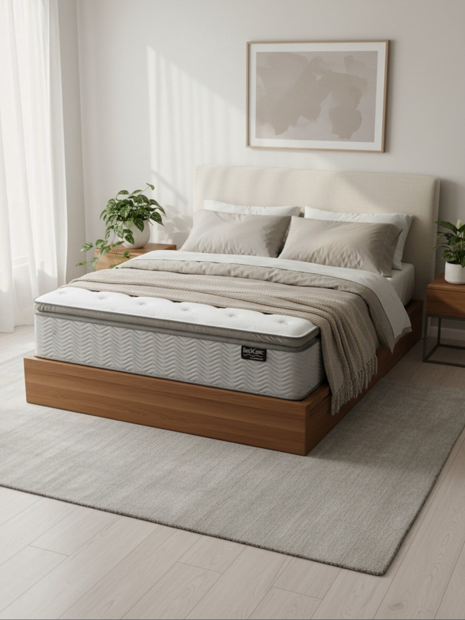 Matelas BackCare Quintet de TOCO Meubles avec ressorts ensachés et mousse mémoire dans une chambre moderne et épurée