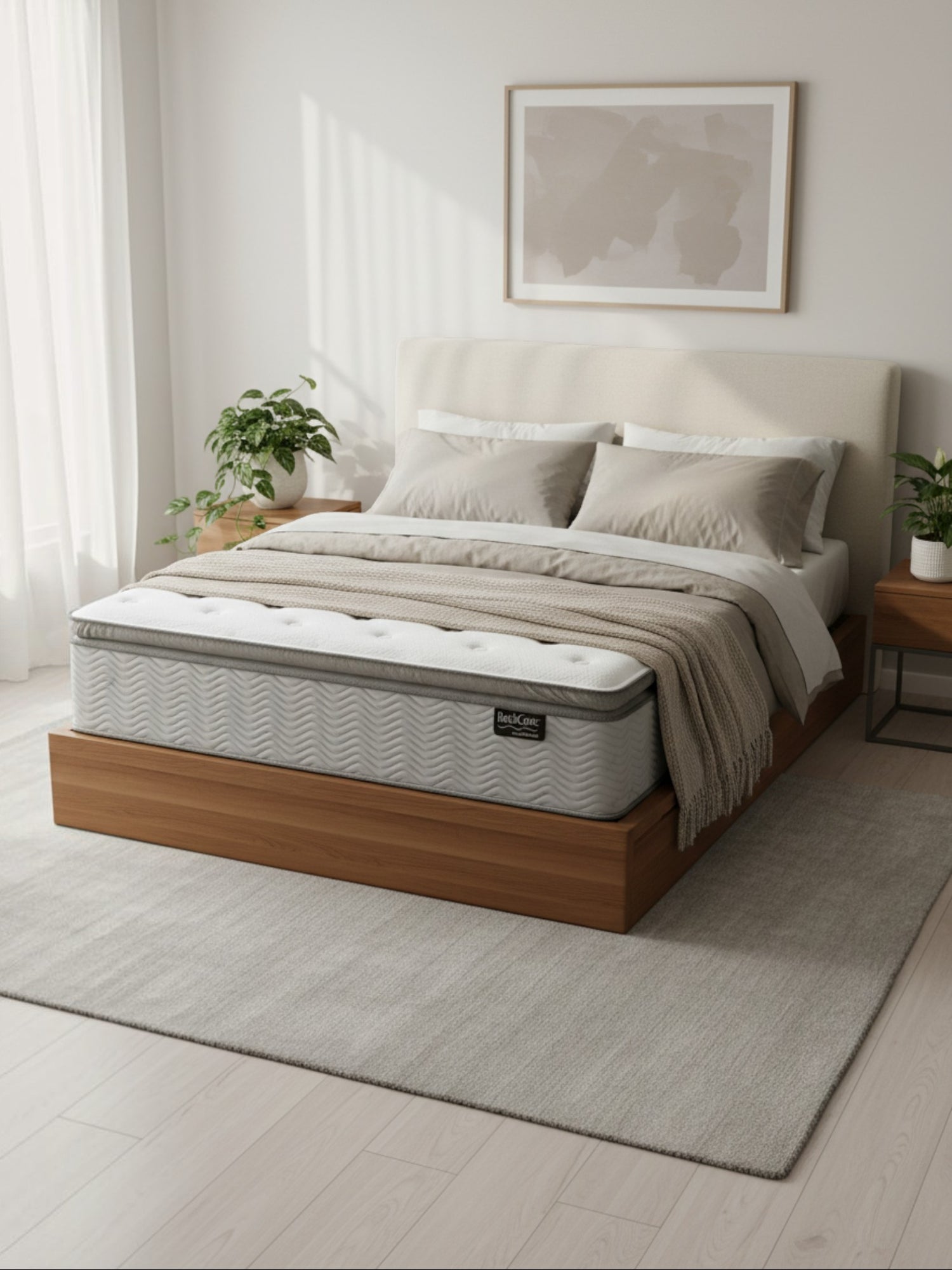 Matelas BackCare Quintet de TOCO Meubles avec ressorts ensachés et mousse mémoire dans une chambre moderne et épurée