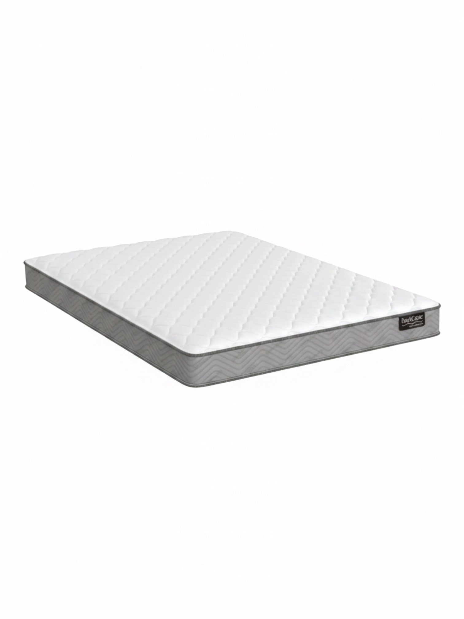 Matelas BackCare Solo de TOCO Meubles avec surface blanche matelassée et bordures grises, offrant un soutien ferme.