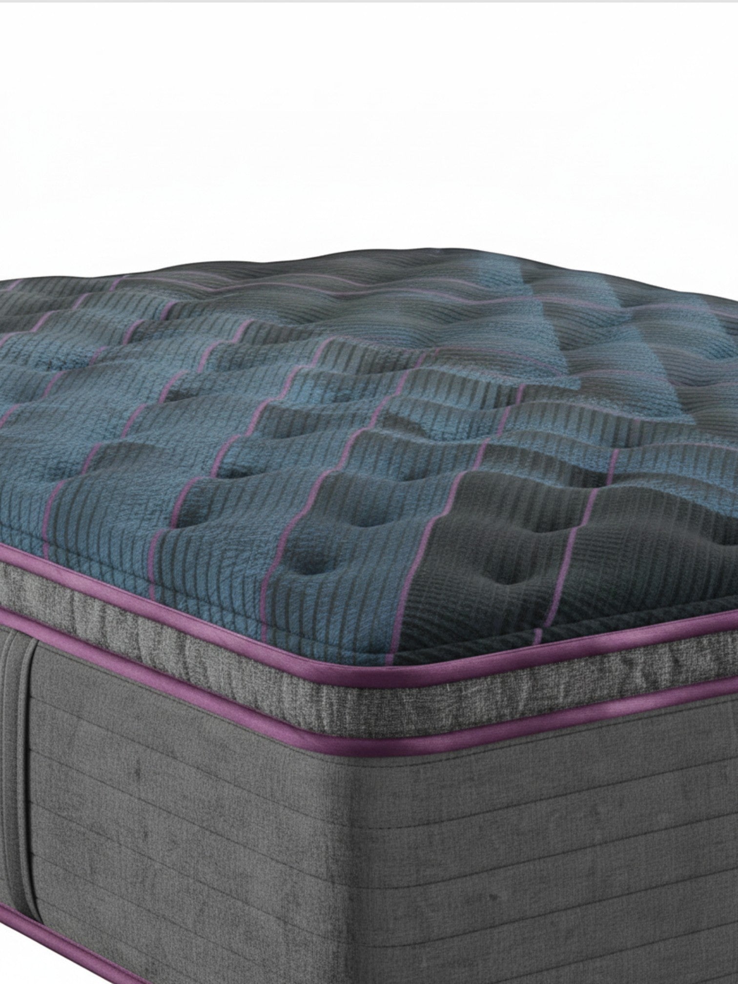 Matelas Beautyrest Asteris King de TOCO Meubles avec plateau coussin moelleux, tissu bleu et gris à détails violets