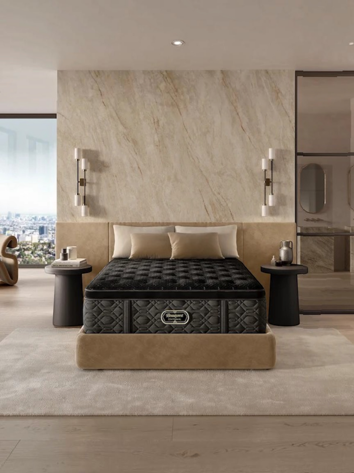 Matelas Beautyrest Centennial Adastra Pillow Top noir dans une chambre luxueuse chez TOCO Meubles