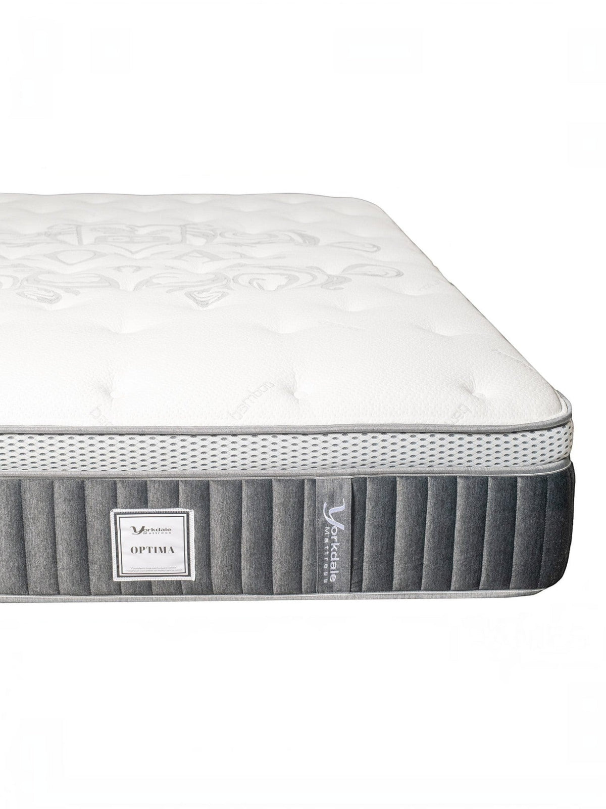Matelas double TOCO Meubles Optima avec tissu matelassé blanc, bordures grises respirantes et ressorts ensachés.