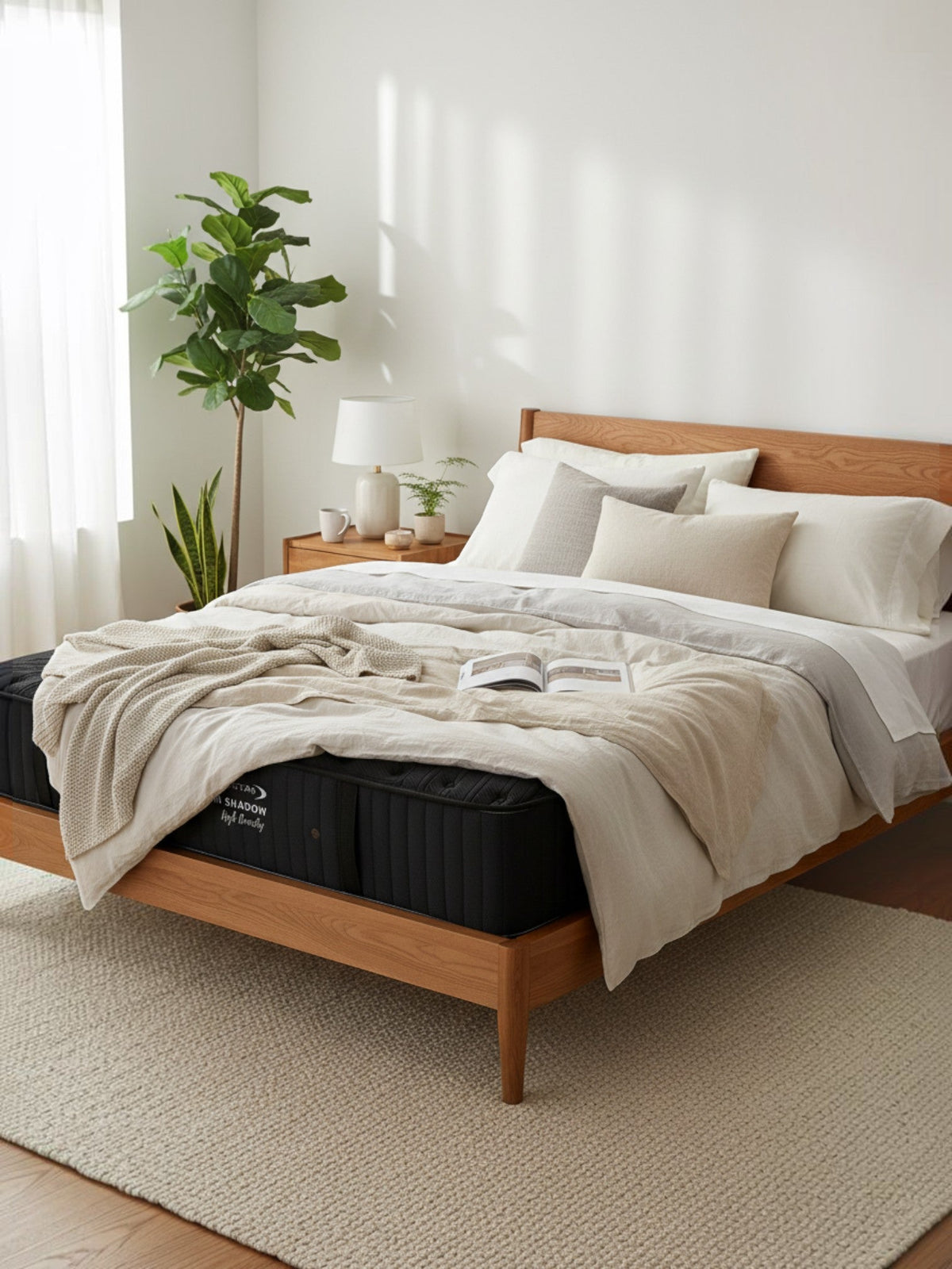 Matelas Dream Shadow HD de TOCO Meubles, réversible et ferme, installé sur un lit en bois dans une chambre lumineuse.