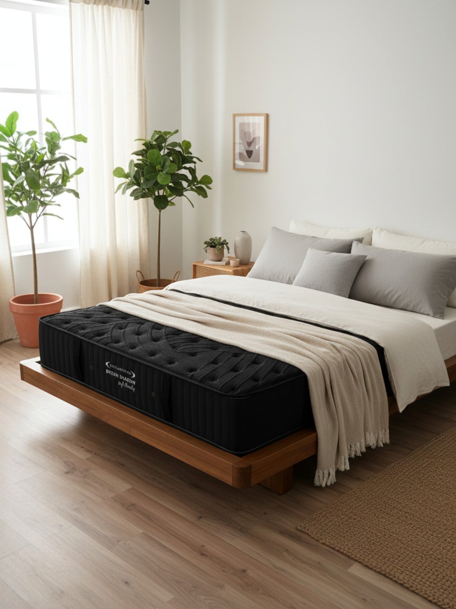 Matelas Dream Shadow HD noir ferme de TOCO Meubles sur un lit en bois dans une chambre lumineuse et moderne