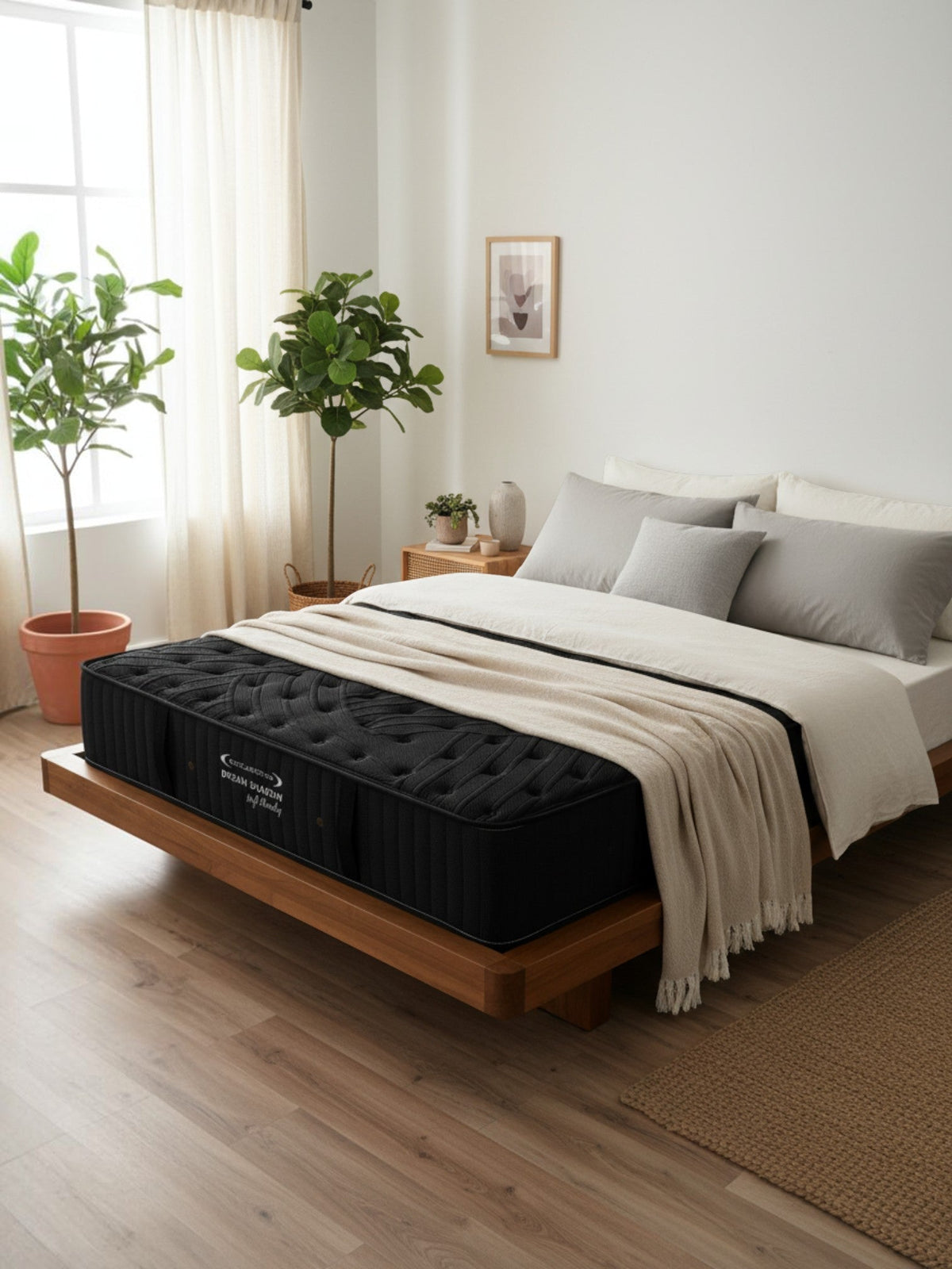 Matelas Dream Shadow HD noir ferme de TOCO Meubles sur un lit en bois dans une chambre lumineuse et moderne