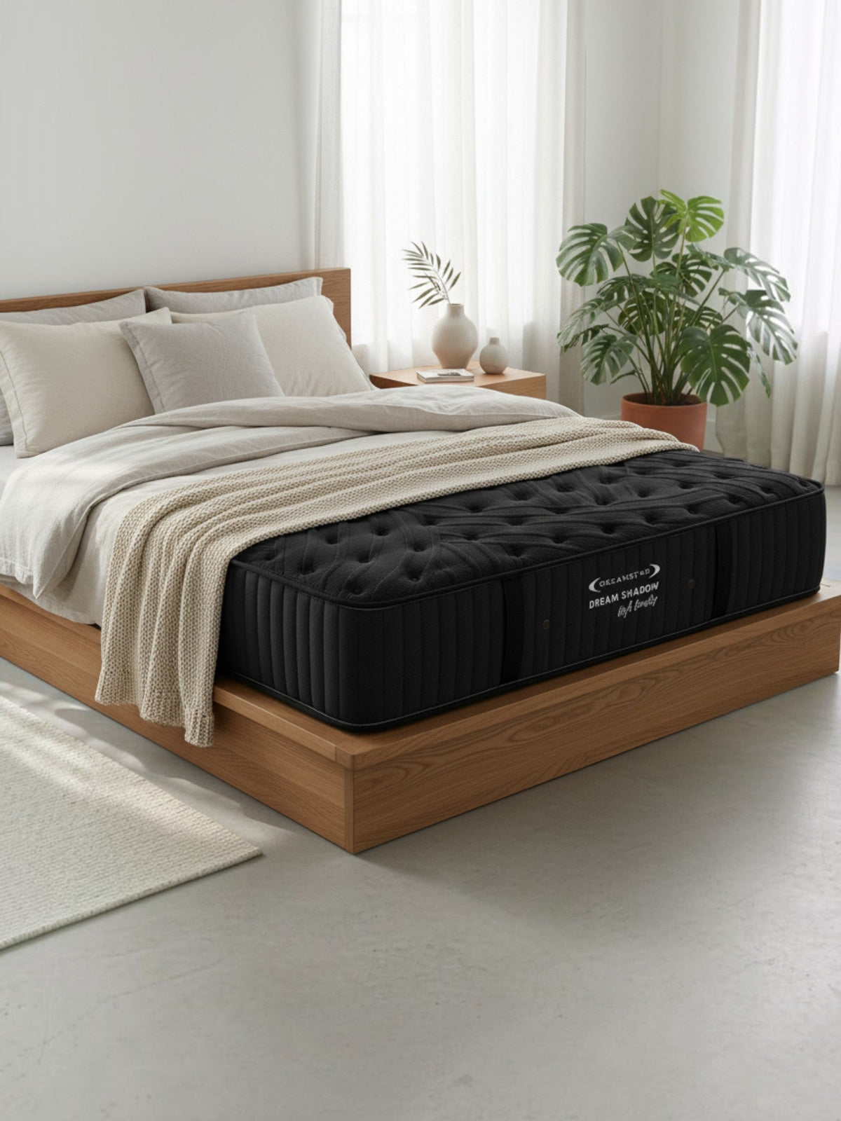 Matelas Dream Shadow HD noir ferme de TOCO Meubles sur un lit plateforme en bois dans une chambre lumineuse et moderne