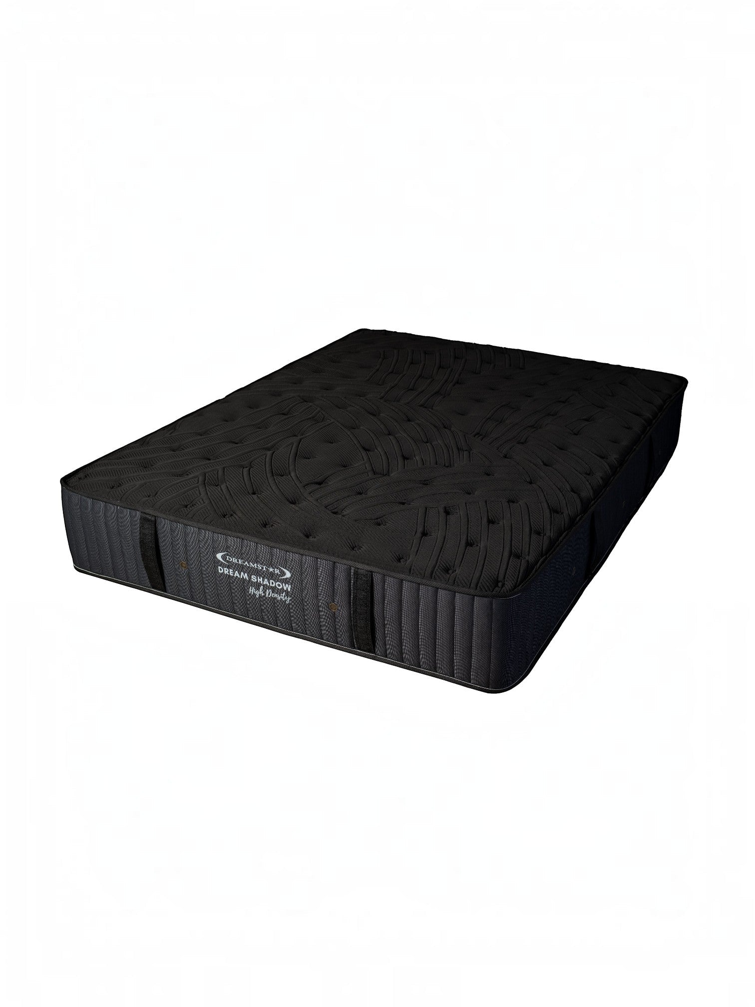 Matelas Dream Shadow HD très grand format de TOCO Meubles, réversible, ferme, avec tissu tricoté noir et capitonnage.