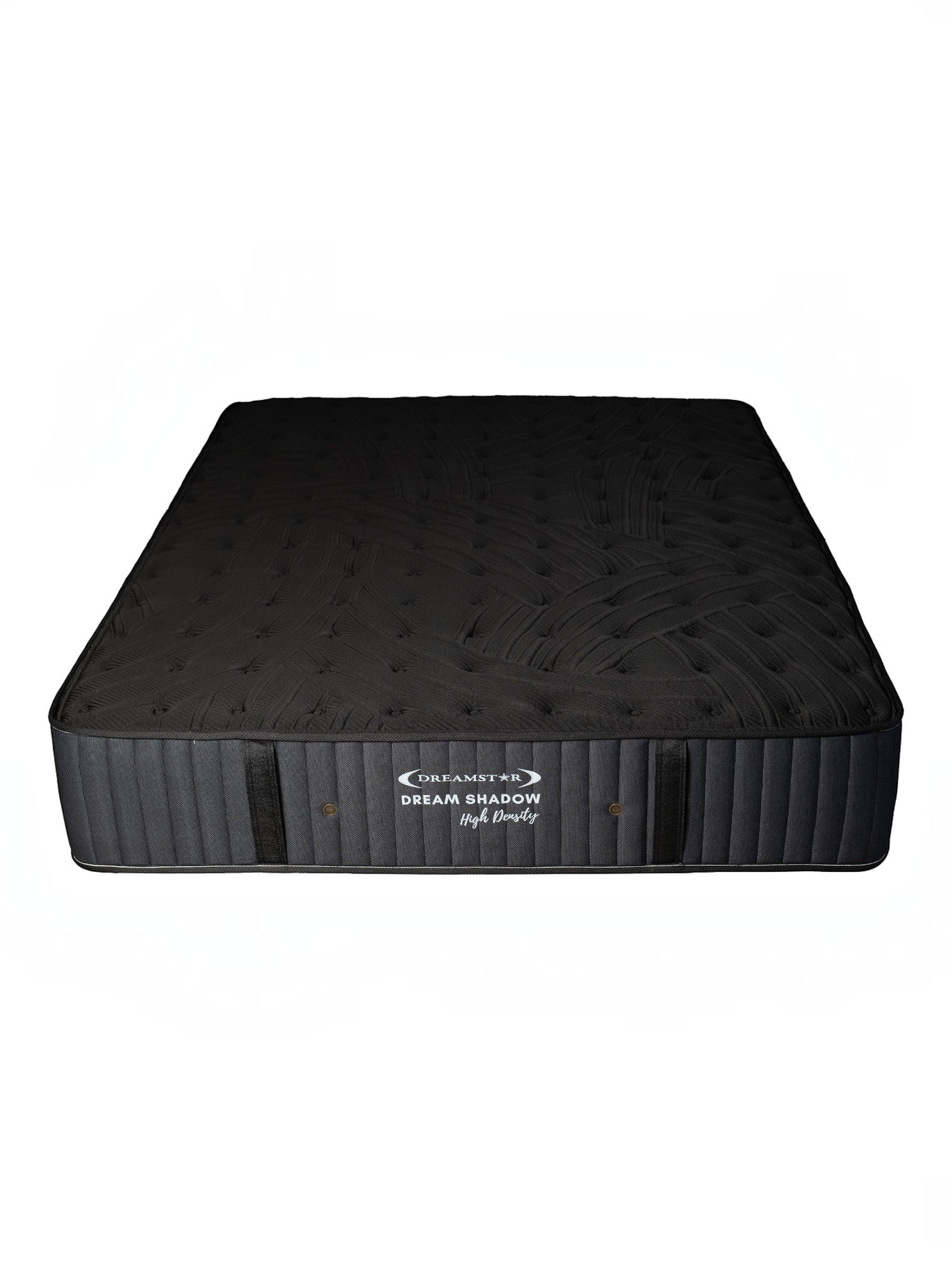 Matelas réversible ferme Dream Shadow Grand de TOCO Meubles avec tissu tricoté noir et capitonnage latéral vertical.