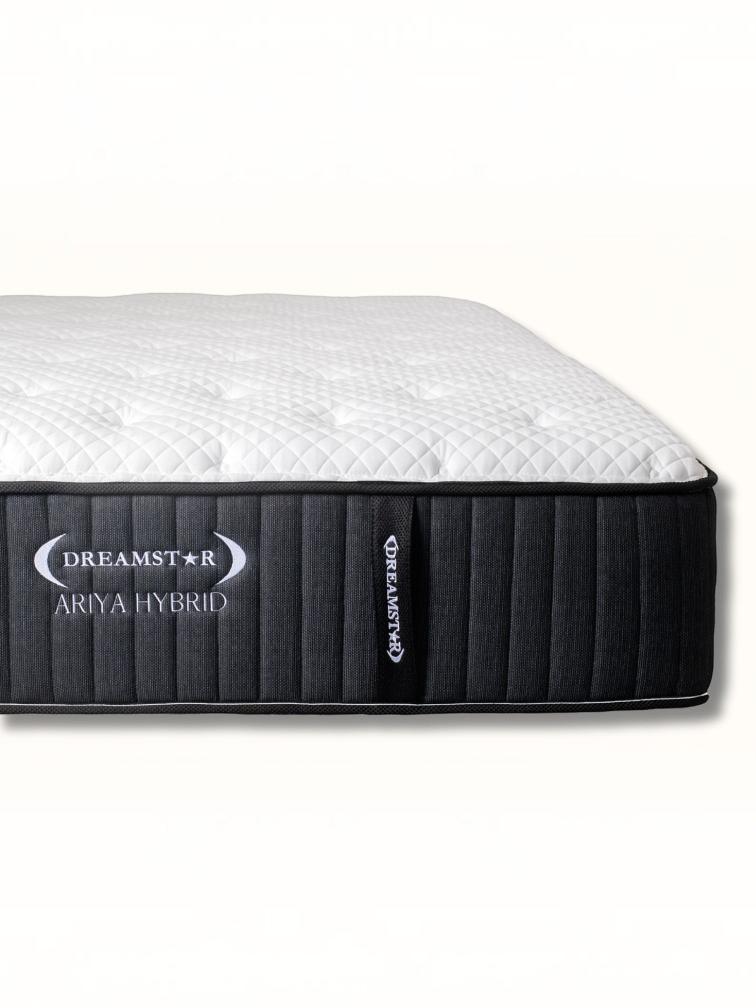 Matelas hybride TOCO Meubles Ariya avec surface matelassée blanche et côtés gris foncé, technologie à ressorts