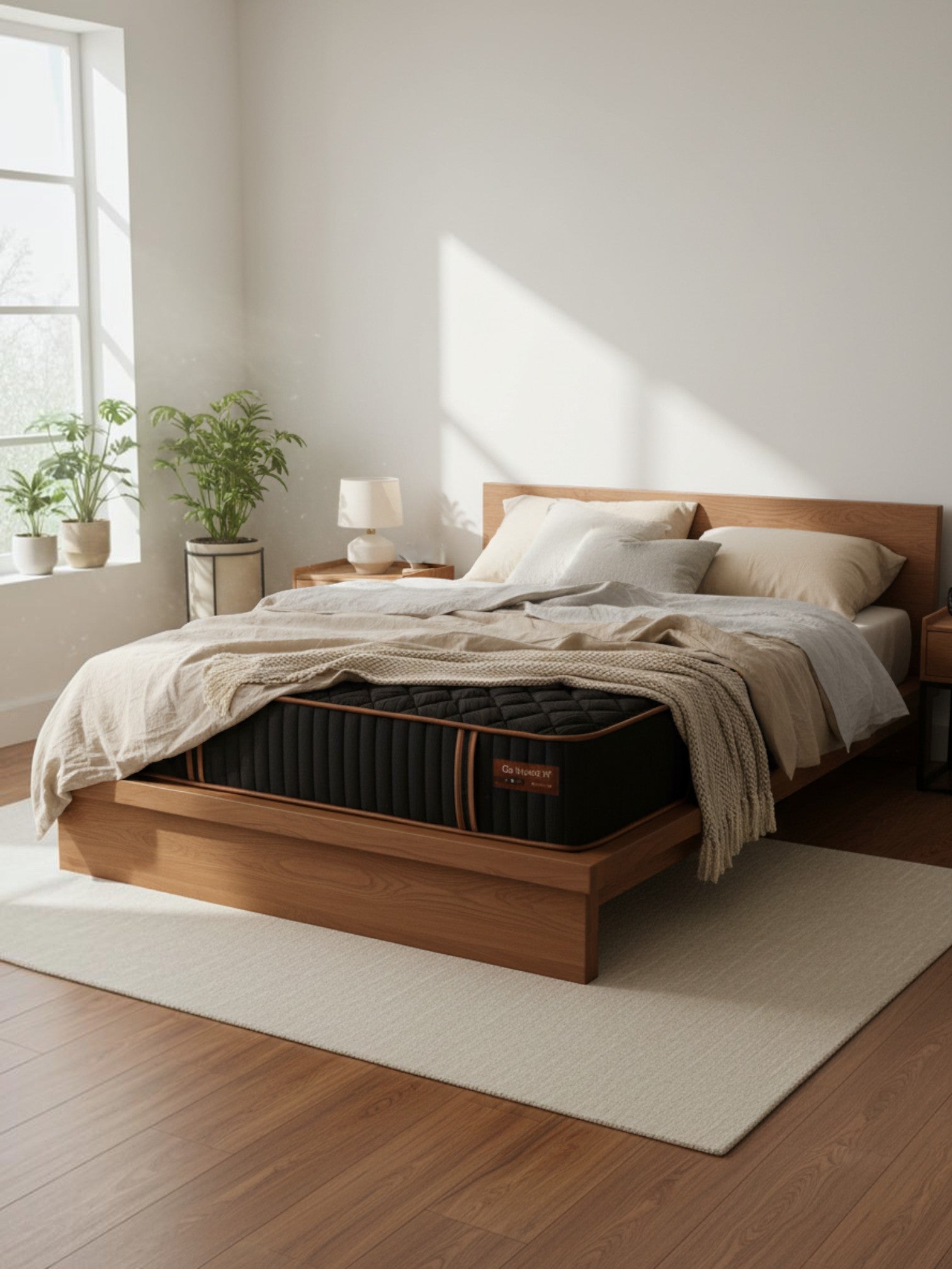 Matelas hybride Copper Sleep XF de TOCO Meubles, ferme, noir avec détails cuivrés, sur un lit en bois moderne.