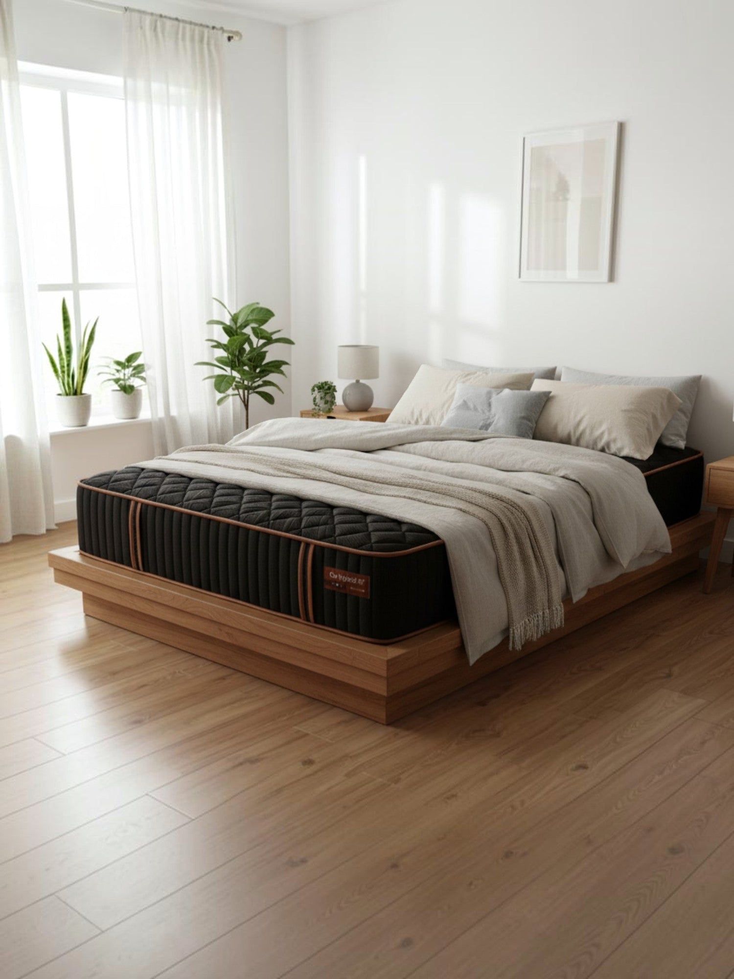 Matelas hybride ferme Copper Sleep XF de TOCO Meubles avec gel de cuivre, posé sur un cadre de lit en bois moderne.