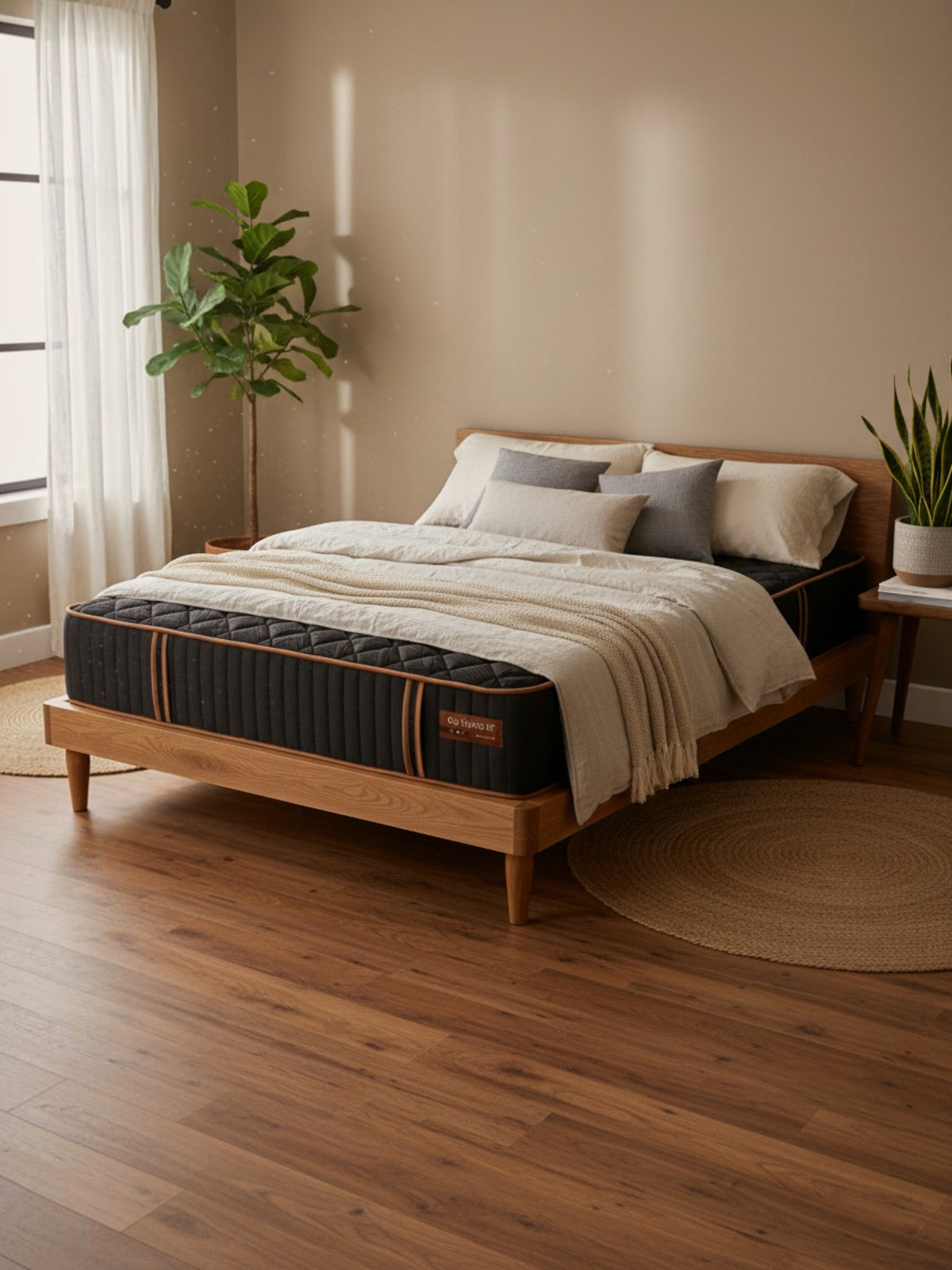 Matelas hybride ferme Copper Sleep XF de TOCO Meubles avec gel de cuivre, présenté dans une chambre moderne et chaleureuse.