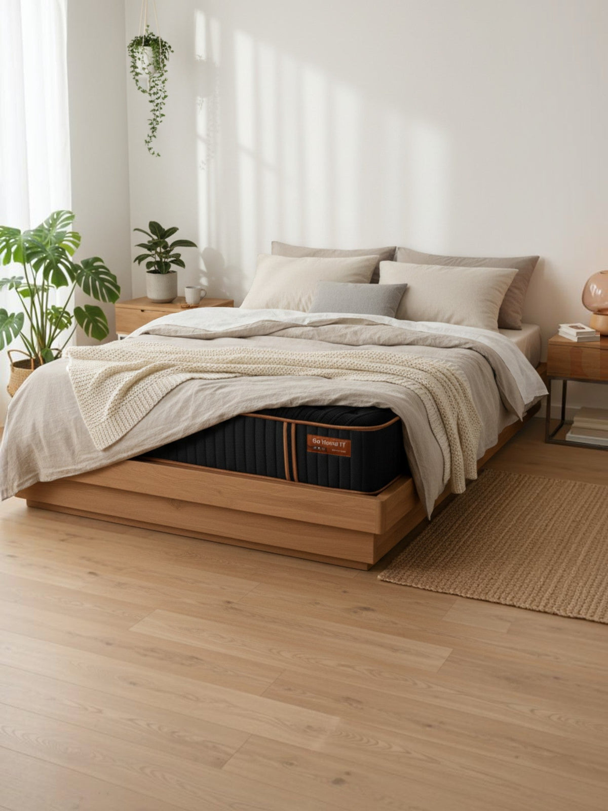 Matelas hybride Copper Sleep TT de TOCO Meubles avec gel de cuivre, confort moyen, installé sur un lit en bois moderne.