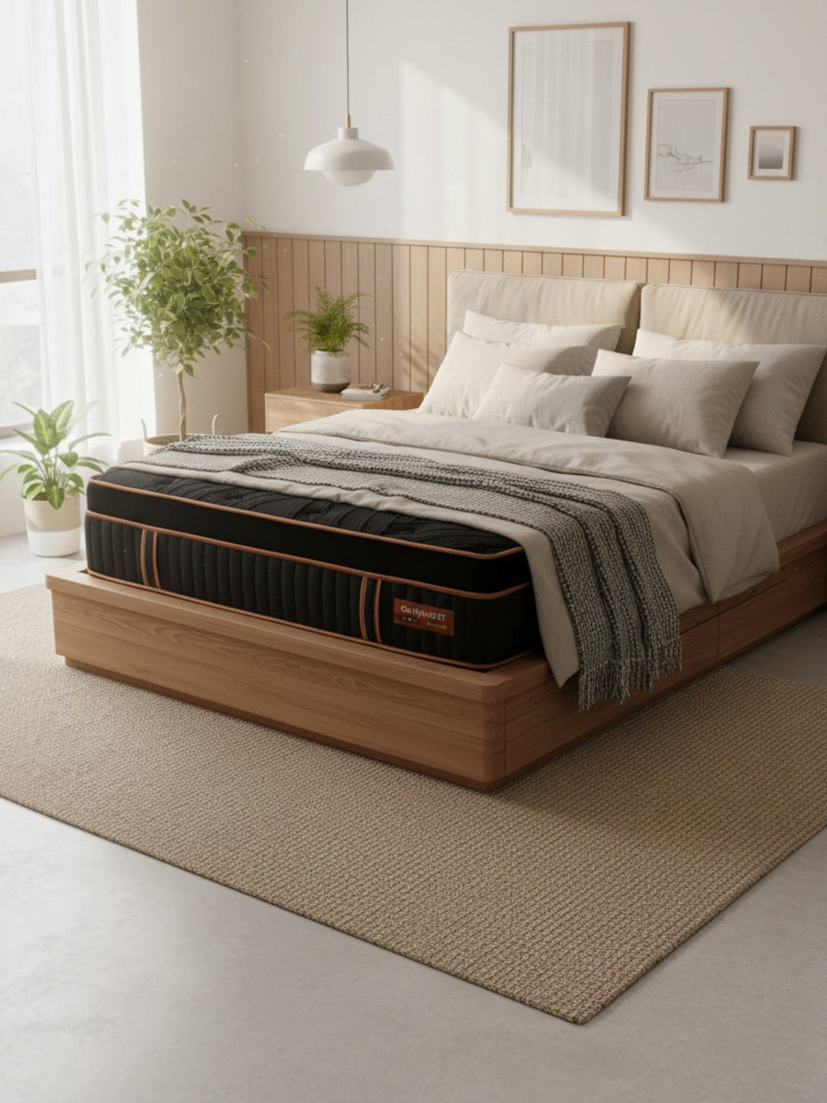 Matelas hybride TOCO Meubles Copper Sleep ET avec plateau Euro Top noir et détails cuivrés dans une chambre moderne.