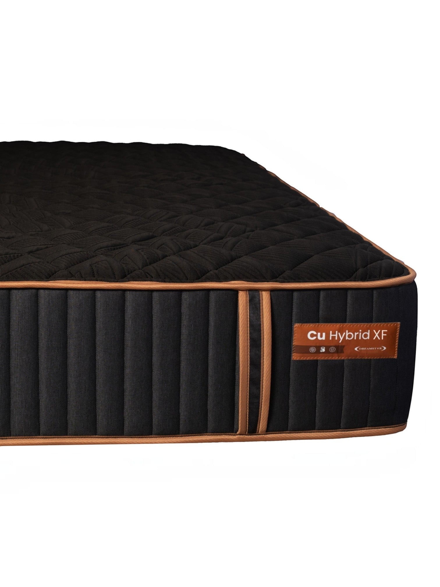 Matelas hybride ferme TOCO Meubles Copper Sleep XF avec gel de cuivre, ressorts ensachés et bordures renforcées.