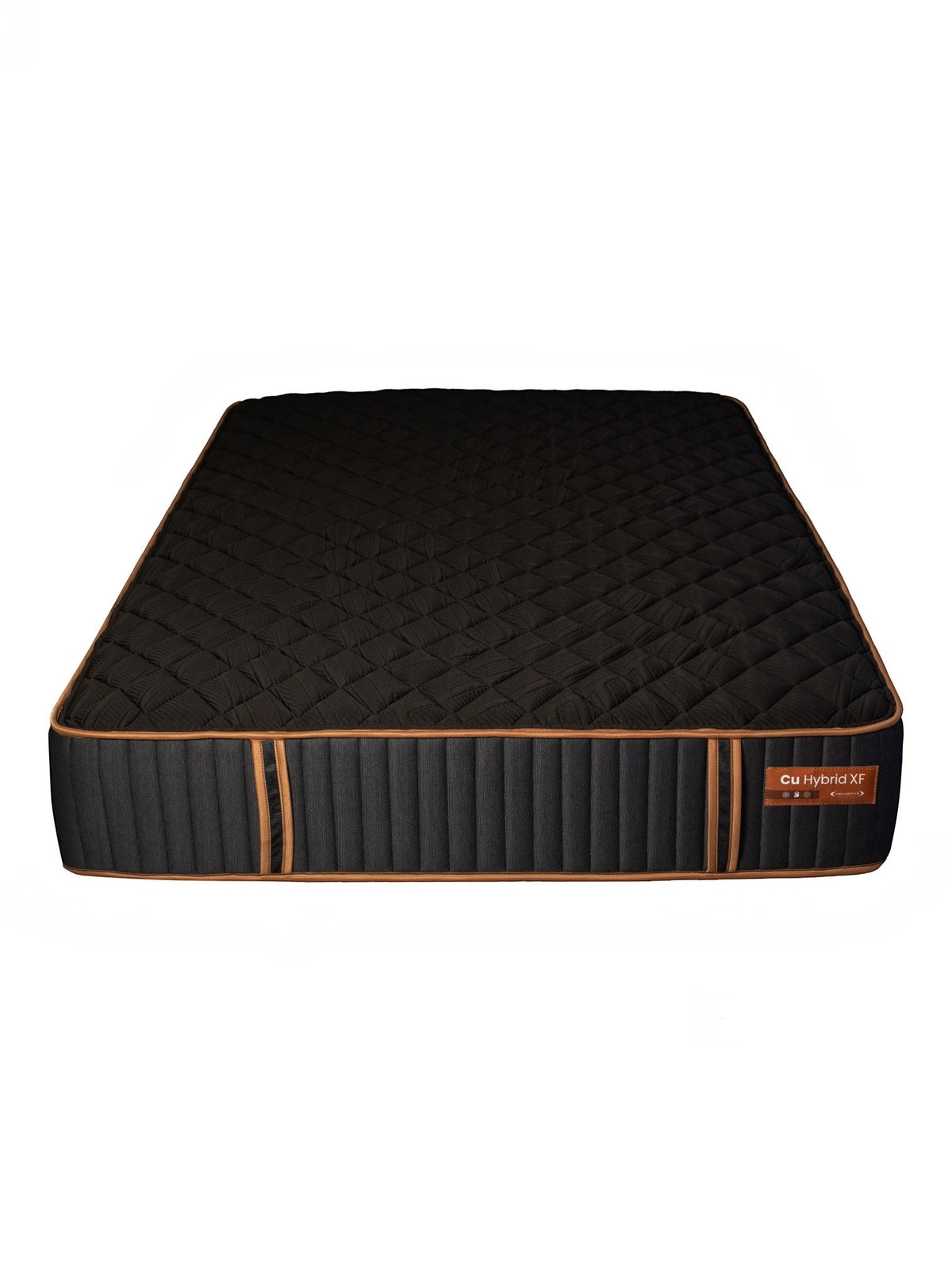 Matelas hybride ferme TOCO Meubles Copper Sleep XF noir avec gel de cuivre, ressorts ensachés et bordures renforcées.