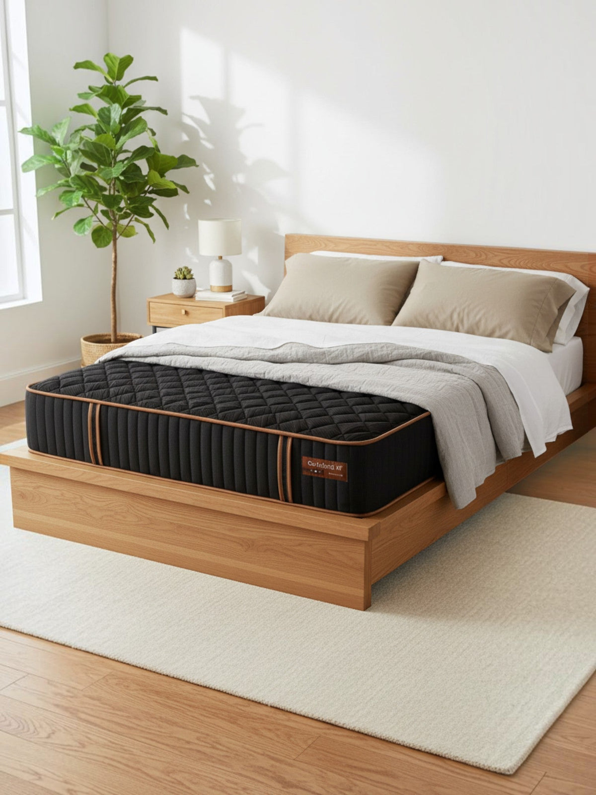 Matelas hybride ferme TOCO Meubles Copper Sleep XF avec gel de cuivre, ressorts ensachés et finition noire élégante.