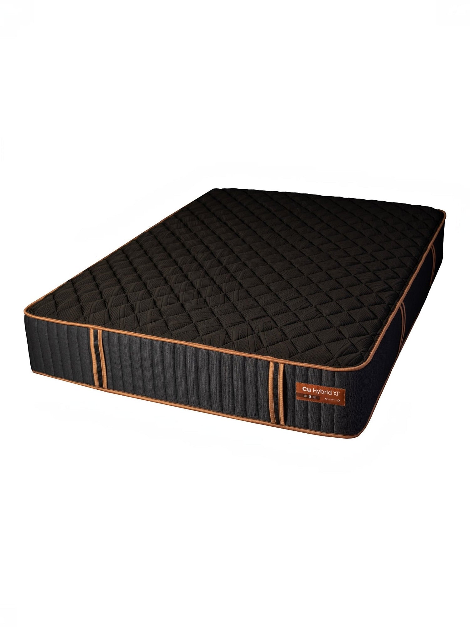 Matelas hybride ferme TOCO Meubles Copper Sleep XF noir avec détails cuivrés et surface matelassée