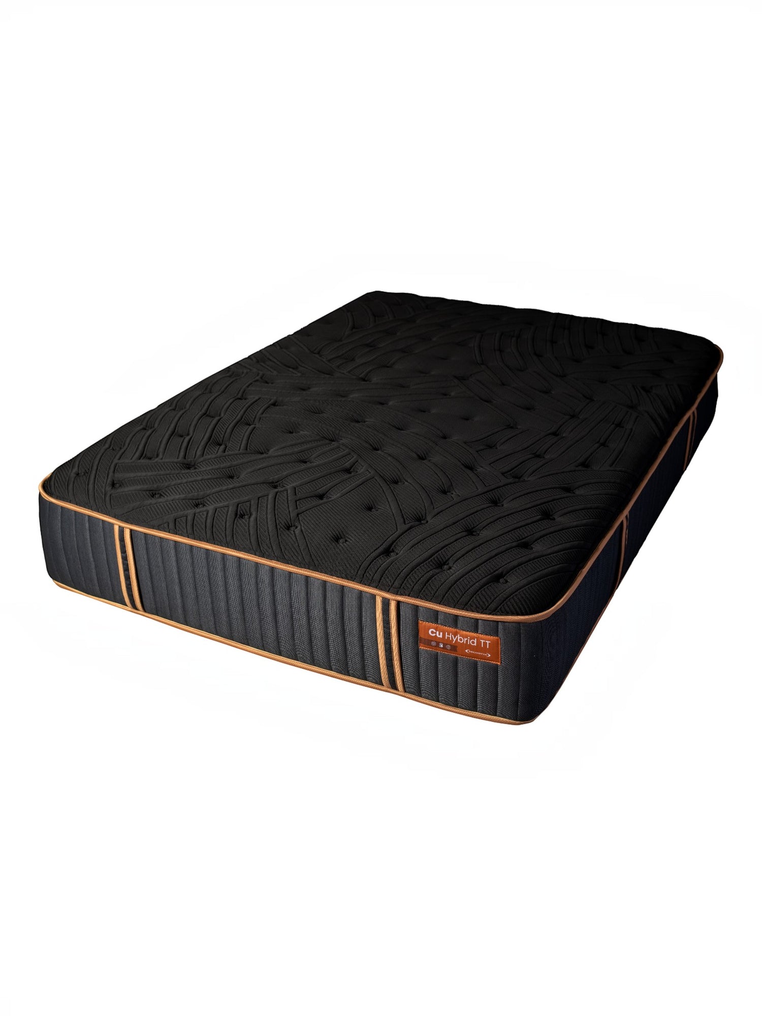 Matelas hybride TOCO Meubles Cu Sleep TT noir avec détails cuivrés, 13 pouces d'épaisseur et soutien lombaire.