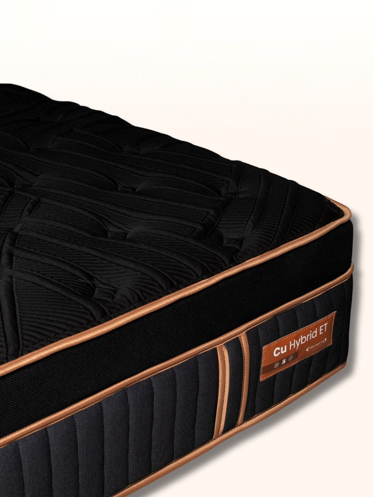 Matelas hybride TOCO Meubles Cu Sleep ET noir avec finition Euro Top, détails cuivrés et maille respirante sur les côtés.