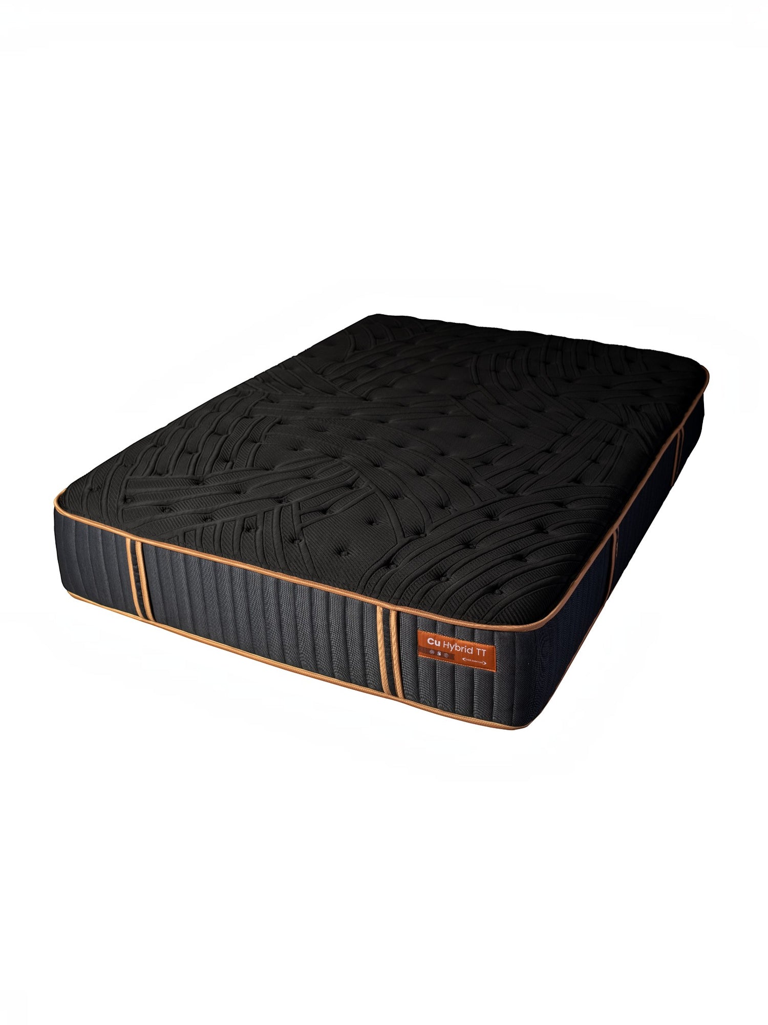 Matelas hybride TOCO Meubles Copper Sleep TT noir avec détails cuivrés, 13 pouces d'épaisseur et design capitonné.