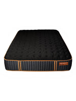 Matelas hybride TOCO Meubles Copper Sleep TT noir avec détails cuivrés, 13 pouces, confort moyen et ressorts ensachés.