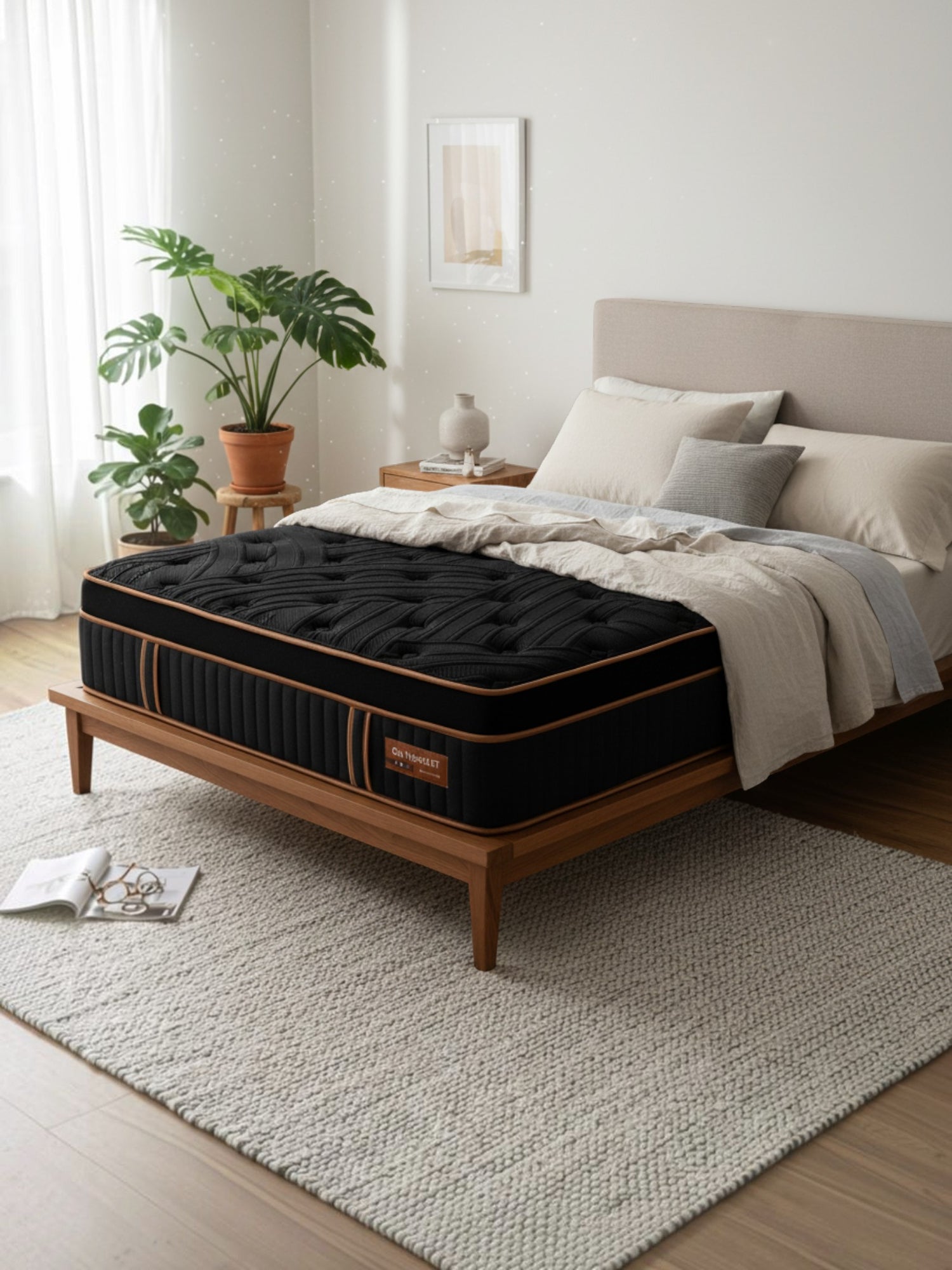 Matelas hybride TOCO Meubles Cu Sleep ET noir avec Euro Top, installé dans une chambre moderne et lumineuse.