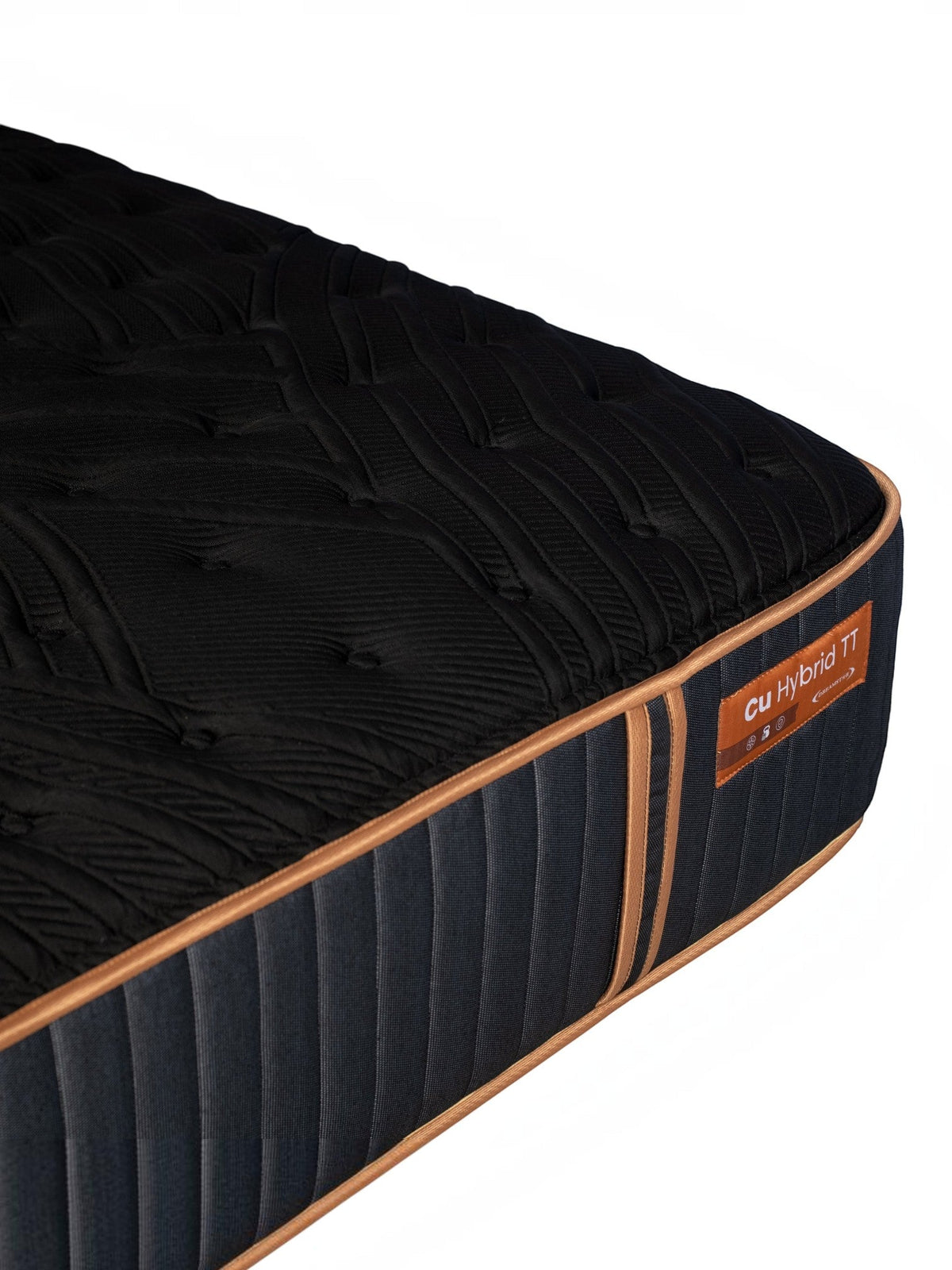 Matelas hybride TOCO Meubles Copper Sleep TT noir avec détails cuivrés et surface texturée sur fond blanc